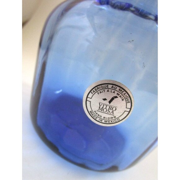 Vitro Mosa Mexican Hand Blown Navy Blue Art Glass Vase - Etched Rim - Vintage - Picture 3 of 11